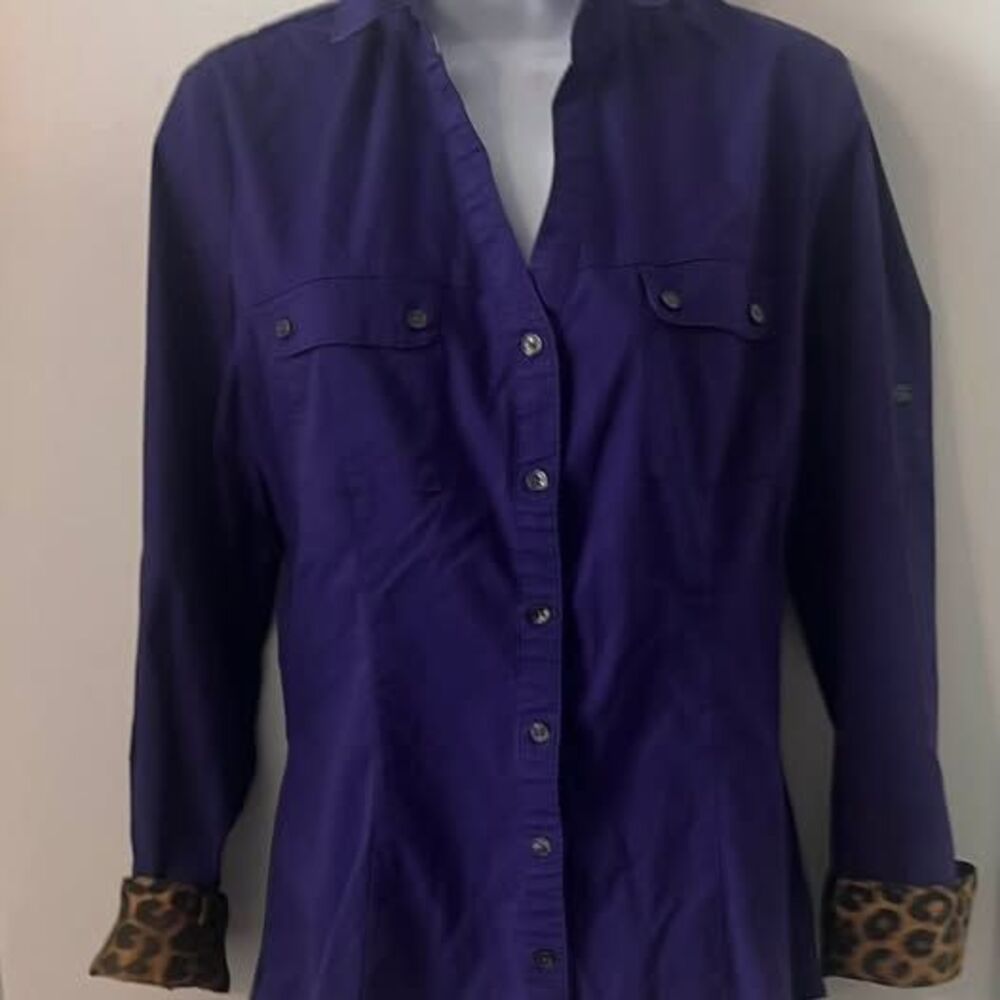 Express The Essential Shirt Deep Purple Leopard Print Cuff Button up Blouse Sz M